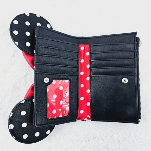 DISNEY LOUNGEFLY Minnie Mounse Red Bow Black and White Polka Dot Flap Wallet - Picture 9 of 11